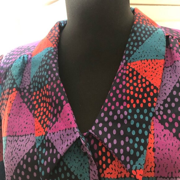 Vintage 80s 90s Blouse Geometric Print Multicolor Size Medium - Picture 7 of 11